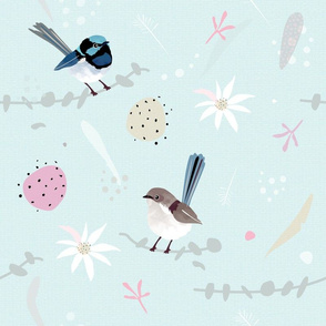 Fairy Wrens MINT / Australian birds flannel flowers eucalyptus billy button