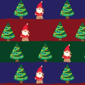 Santa Claus and Christmas trees in a row on a blue, green, and red striped background. Fun Christmas print.