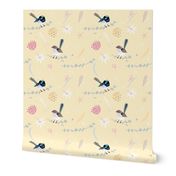 Fairy Wrens CREAMY YELLOW / Australian birds flannel flowers eucalyptus billy button-button-by-mountvicandme