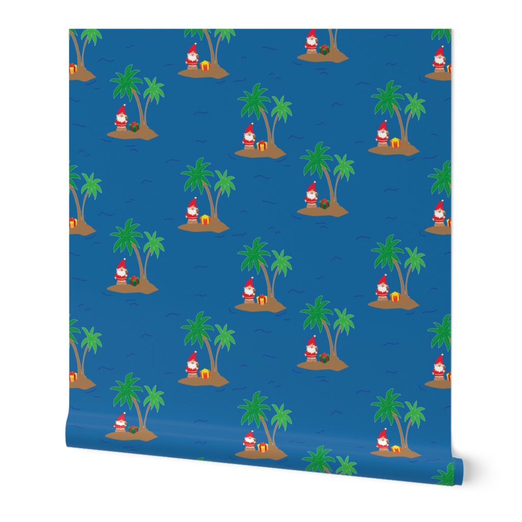 Santa Claus on an island with a palm tree and a gift box in the middle of the ocean. Fun tropical Christmas print.