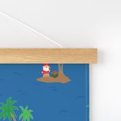 Santa Claus on an island with a palm tree and a gift box in the middle of the ocean. Fun tropical Christmas print.