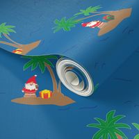 Santa Claus on an island with a palm tree and a gift box in the middle of the ocean. Fun tropical Christmas print.