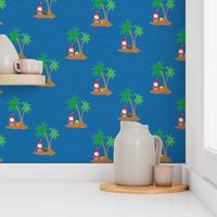 Santa Claus on an island with a palm tree and a gift box in the middle of the ocean. Fun tropical Christmas print.