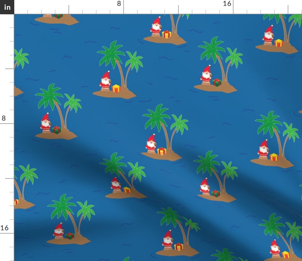 Santa Claus on an island with a palm tree and a gift box in the middle of the ocean. Fun tropical Christmas print.