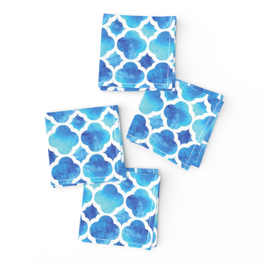 Watercolor Moroccan Quatrefoil Clover Trellis in Turquoise Sea