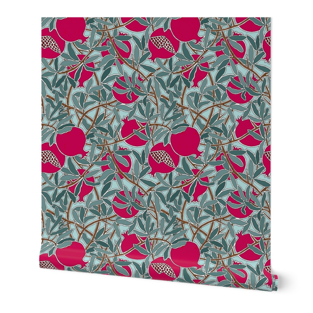 Pomegranate Branches with Fruit, Leaves, Thorns in Teals