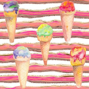 WATERCOLOR ICE CREAM CONES AND STRIPES ON WHITE