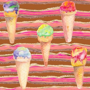 WATERCOLOR ICE CREAM CONES AND STRIPES TOFFEE CARAMEL CHOCOLATE BROWN