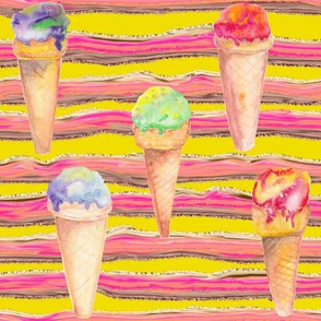 WATERCOLOR ICE CREAM CONES AND STRIPES  SUNNY YELLOW LIME