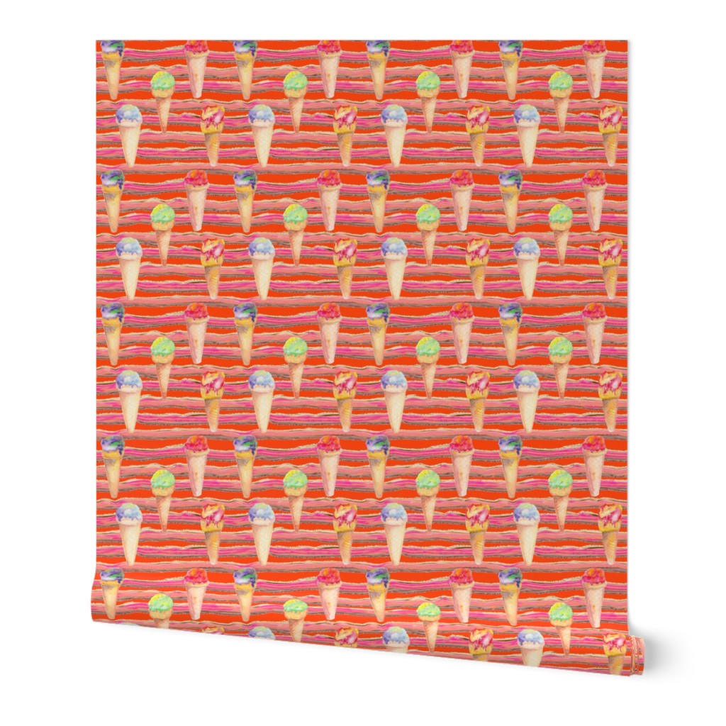 WATERCOLOR ICE CREAM CONES AND STRIPES BRIGHT ORANGE