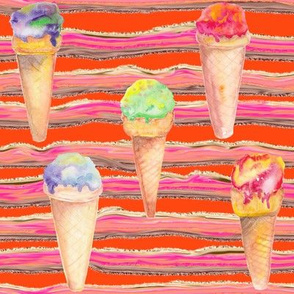 WATERCOLOR ICE CREAM CONES AND STRIPES BRIGHT ORANGE