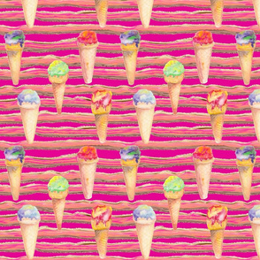 WATERCOLOR ICE CREAM CONES AND STRIPES RASPBERRY HOT PINK