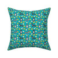 pitbull taco fabric - dogs and burritos design - teal