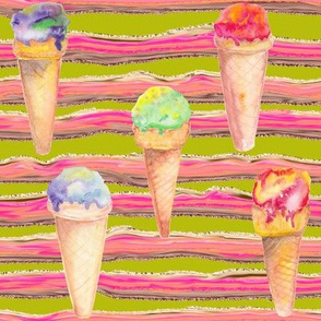 WATERCOLOR ICE CREAM CONES AND STRIPES CHARTREUSE GREEN