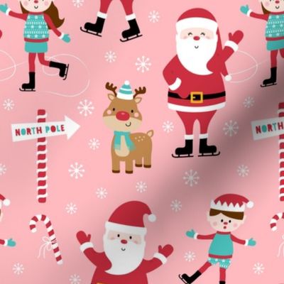 ice skaters pink :: cheeky christmas Santa Claus with candy canes, animals, baby, children, boys, girls, winter, snowflakes, north pole, ice rink - cute pjs pyjamas pajamas pattern