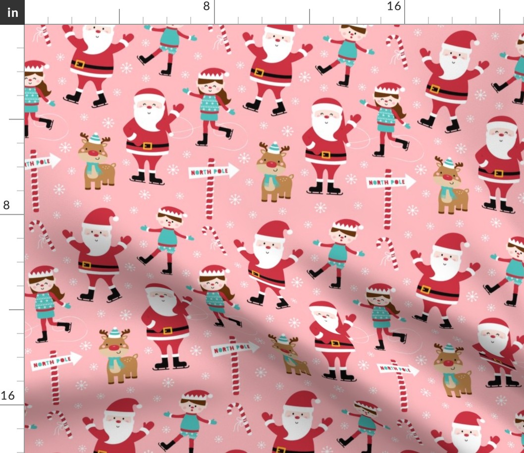 ice skaters pink :: cheeky christmas Santa Claus with candy canes, animals, baby, children, boys, girls, winter, snowflakes, north pole, ice rink - cute pjs pyjamas pajamas pattern