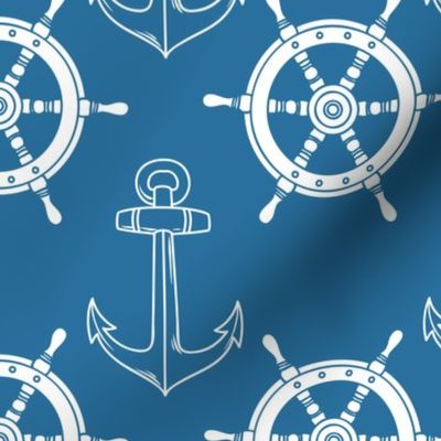 Nautical Ships Wheel and Anchor Blue
