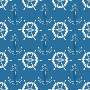 Nautical Ships Wheel and Anchor Blue