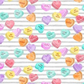 valentines day heart candy - conversation hearts on grey stripes 