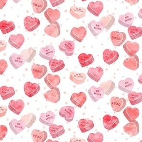 valentines day heart candy - conversation hearts on pink spots (red)