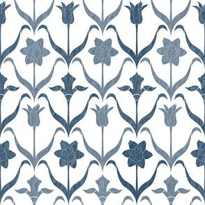Art Nouveau Flowers - White Navy Blue