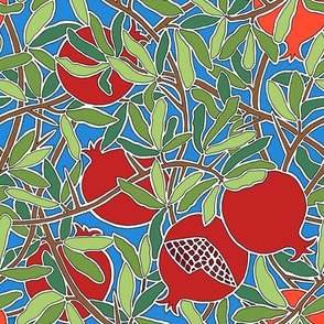 Pomegranate Tree with Fruit, Leaves, Branches on Blue 
