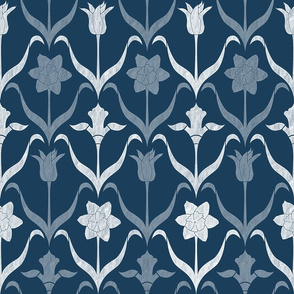 Art Nouveau Flowers - Navy Blue White