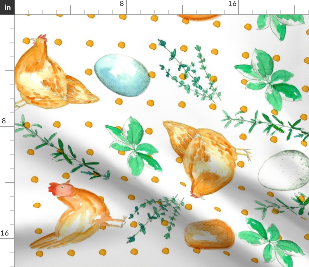 Chickens, Eggs, and Herbs Tea Towel