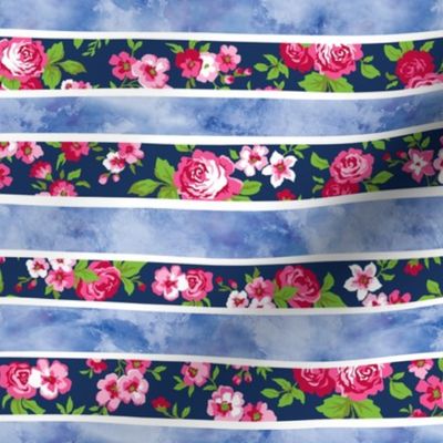 Wavy Floral Watercolour Stripes Pink & Navy