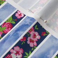 Wavy Floral Watercolour Stripes Pink & Navy