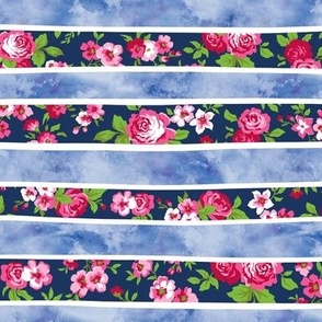 Wavy Floral Watercolour Stripes Pink & Navy