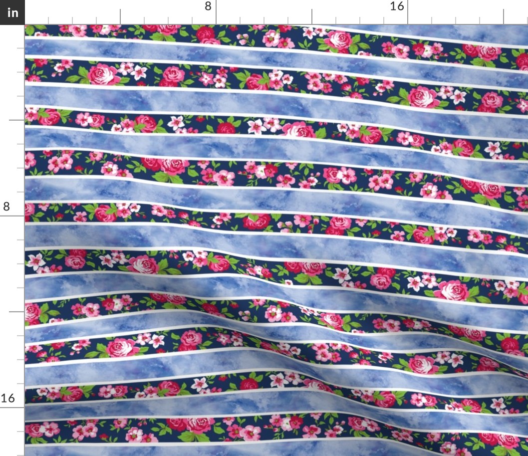 Wavy Floral Watercolour Stripes Pink & Navy