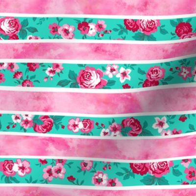 Wavy Floral Watercolour Stripes Pink & Mint Green