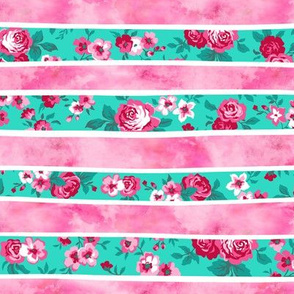 Wavy Floral Watercolour Stripes Pink & Mint Green