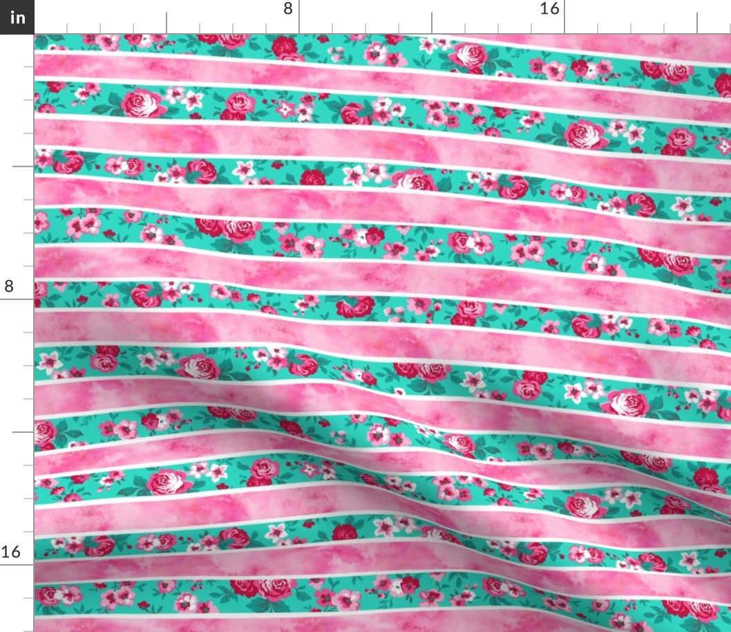 Wavy Floral Watercolour Stripes Pink & Mint Green