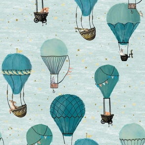  Forest Animal Hot Air Balloon Adventure on mint with fox, deer, and bunny in large scale for gender neutral nursery wallpaper and bedding