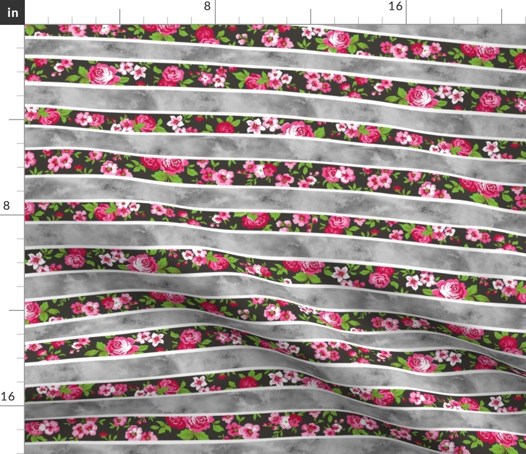 Wavy Floral Watercolour Stripes Pink & Grey