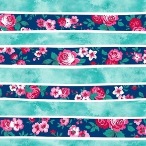 Wavy Floral Watercolour Stripes Mint Green Navy Blue