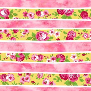 Wavy Floral Watercolour Stripes Pink & Yellow