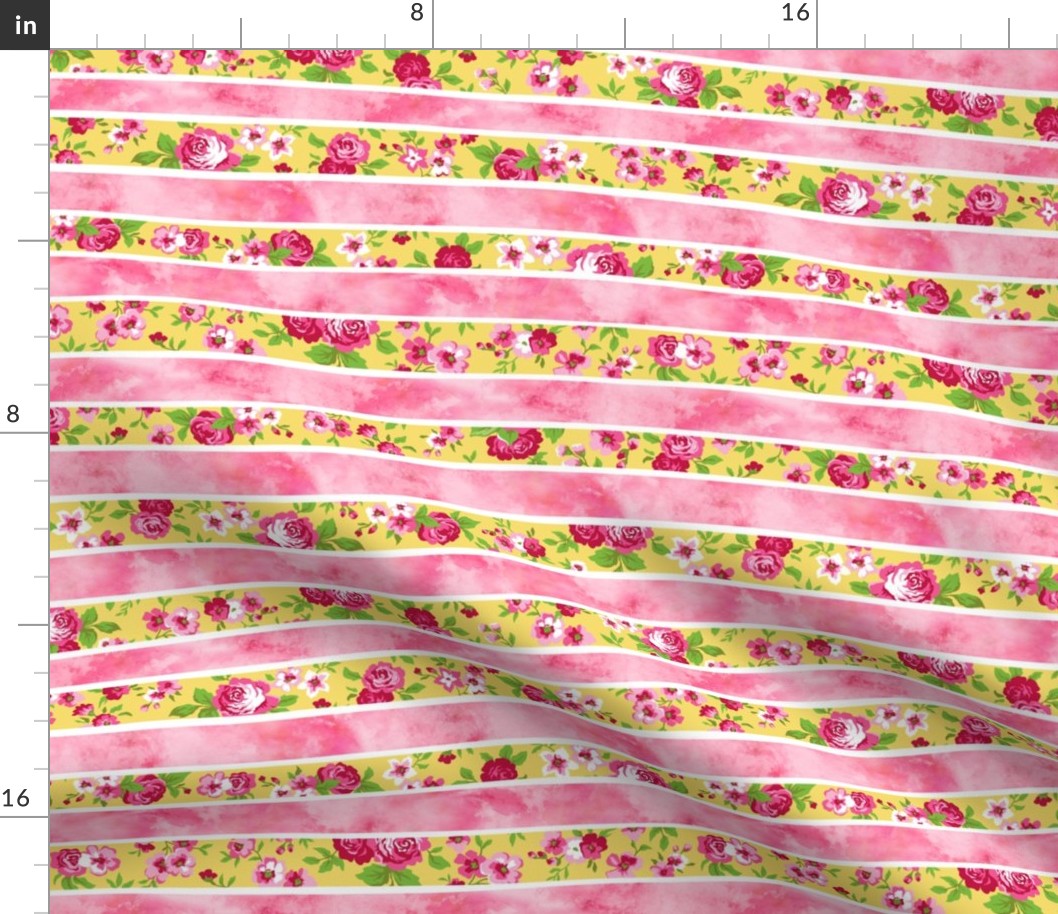 Wavy Floral Watercolour Stripes Pink & Yellow