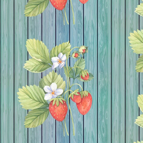 WATERCOLOR LARGE STRAWBERRY MIX ON WOOD AQUA BLUE GREEN VERTICAL
