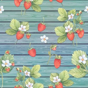 WATERCOLOR STRAWBERRIES MIX ON WOOD AQUA HORIZONTAL FLWRHT