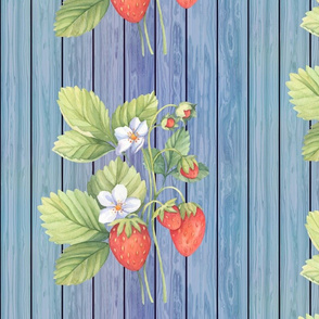 WATERCOLOR LARGE STRAWBERRY MIX ON WOOD BLUE VERTICAL