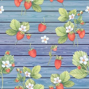 WATERCOLOR STRAWBERRIES MIX ON WOOD BLUE HORIZONTAL