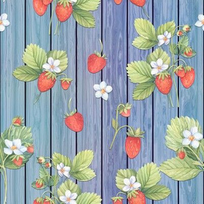 WATERCOLOR STRAWBERRIES MIX ON WOOD BLUE VERTICAL