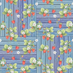 WATERCOLOR STRAWBERRIES MIX ON WOOD BLUE CHECKERBOARD