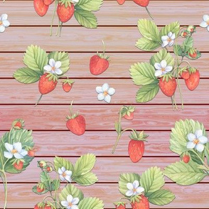 WATERCOLOR STRAWBERRIES MIX CORAL ON HORIZONTAL WOOD