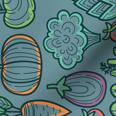 Autumn harvest design. Vegetables fabric pattern: pumpkin, apple, eggplant, broccoli, pepper, fennel, raddish, onion, beetroot, carrots, zucchini