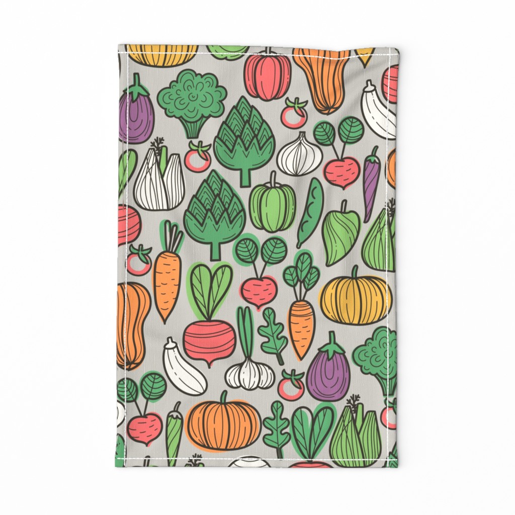 Autumn harvest design. Vegetables fabric pattern: pumpkin, apple, eggplant, broccoli, pepper, fennel, raddish, onion, beetroot, carrots, zucchini