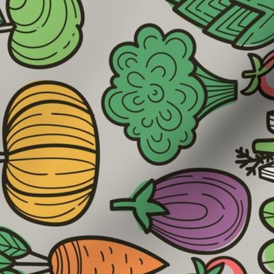 Autumn harvest design. Vegetables fabric pattern: pumpkin, apple, eggplant, broccoli, pepper, fennel, raddish, onion, beetroot, carrots, zucchini